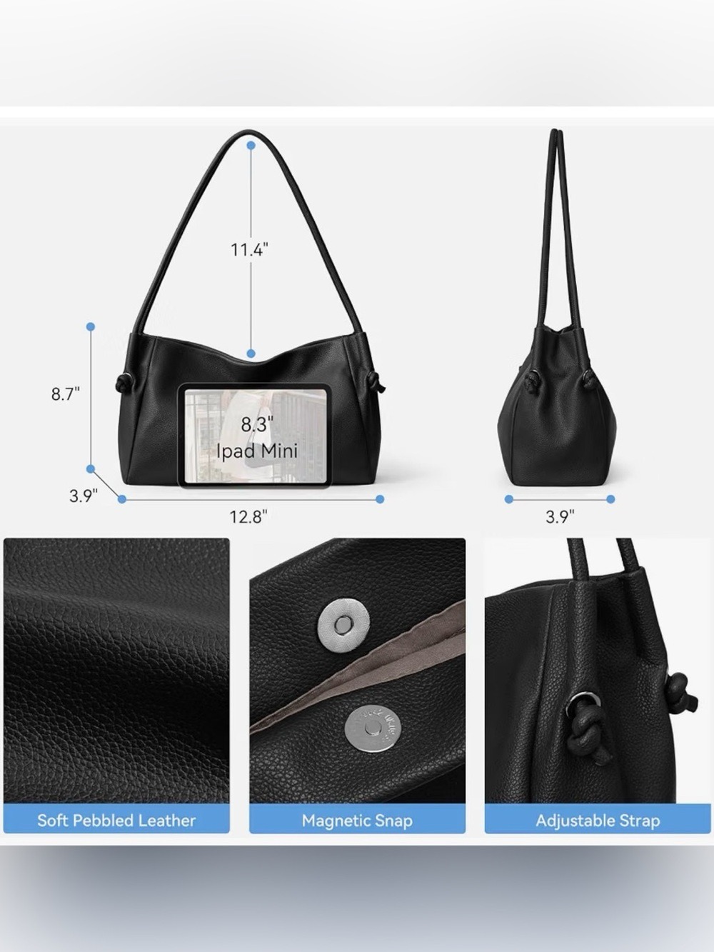 BOSTANTEN Black Pebbled Vegan Leather Shoulder Bag NWT - Picture 3 of 5